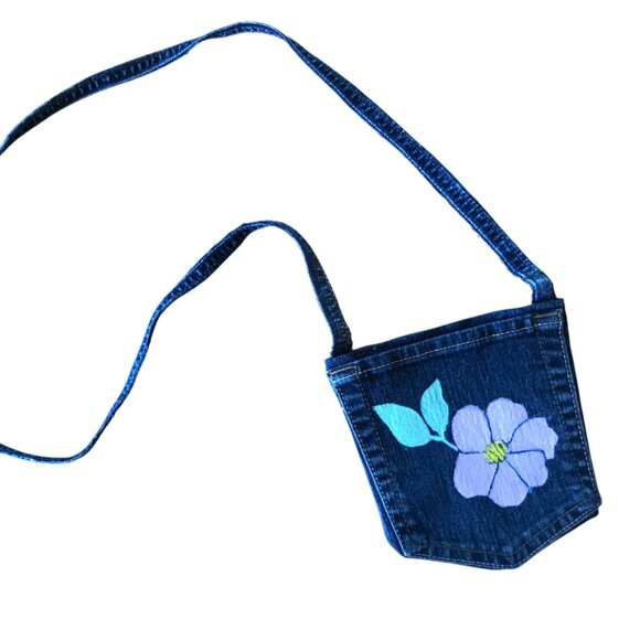 Handmade Crossbody Bag: Over Shoulder Painted Pansy Cell Phone Small Denim Purse - Picture 1 of 9